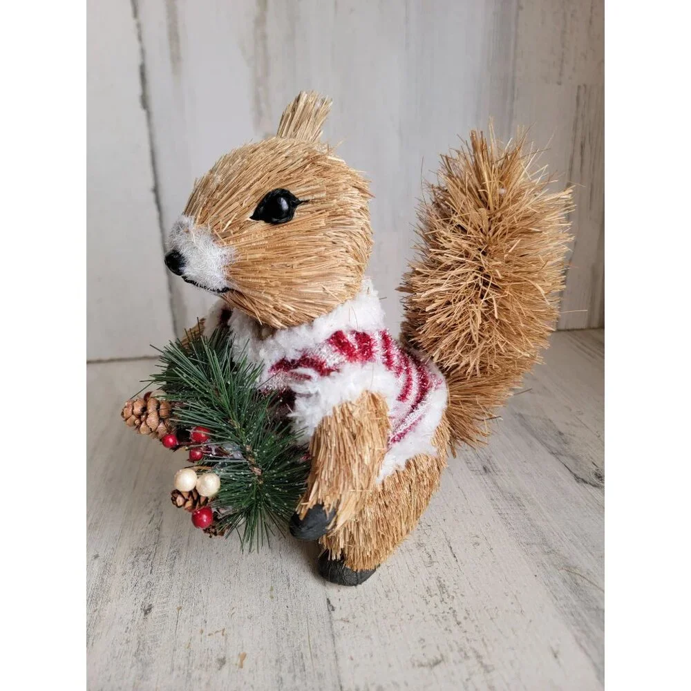 pier 1 Bristle brush squirrel sweater wreath unique home decor Xmas animal winte